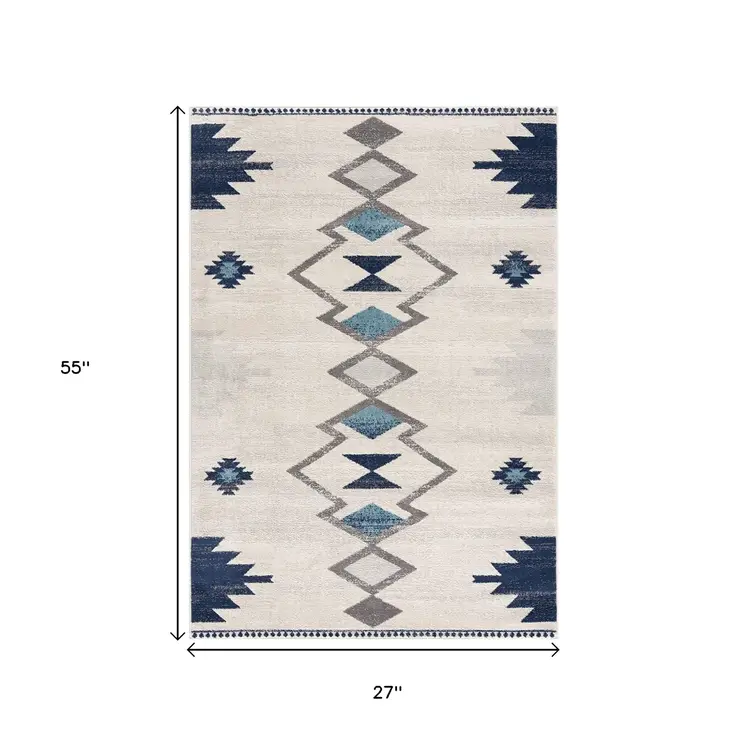 2' X 5' Blue and Ivory Southwestern Area Rug