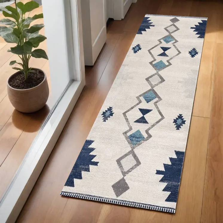 2' X 5' Blue and Ivory Southwestern Area Rug