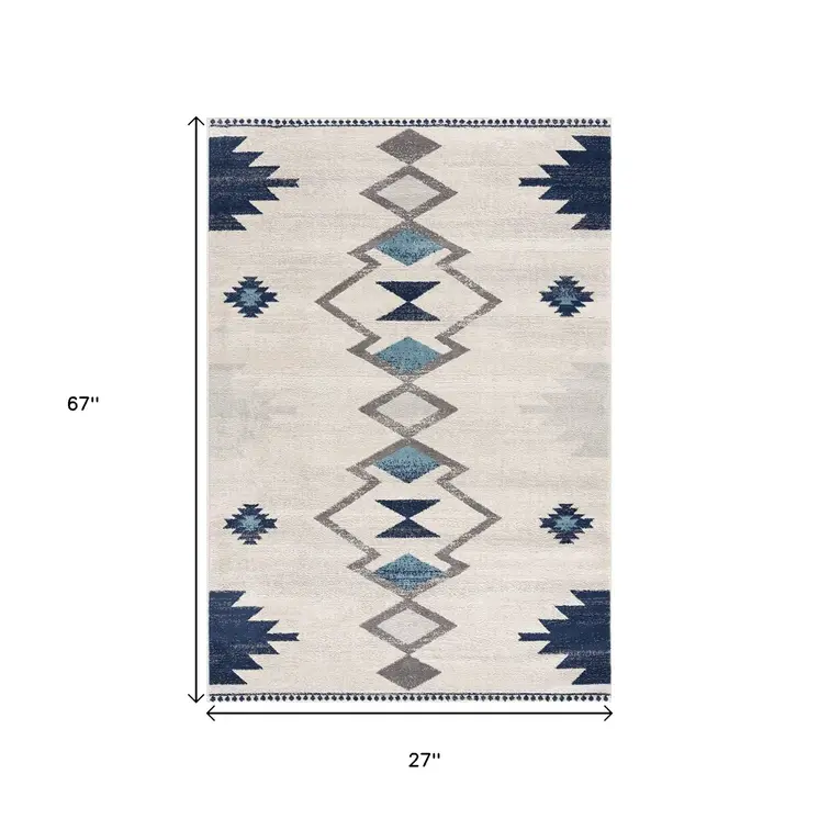 6' Blue And Ivory Southwestern Runner Rug