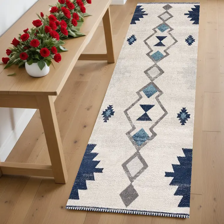 6' Blue And Ivory Southwestern Runner Rug