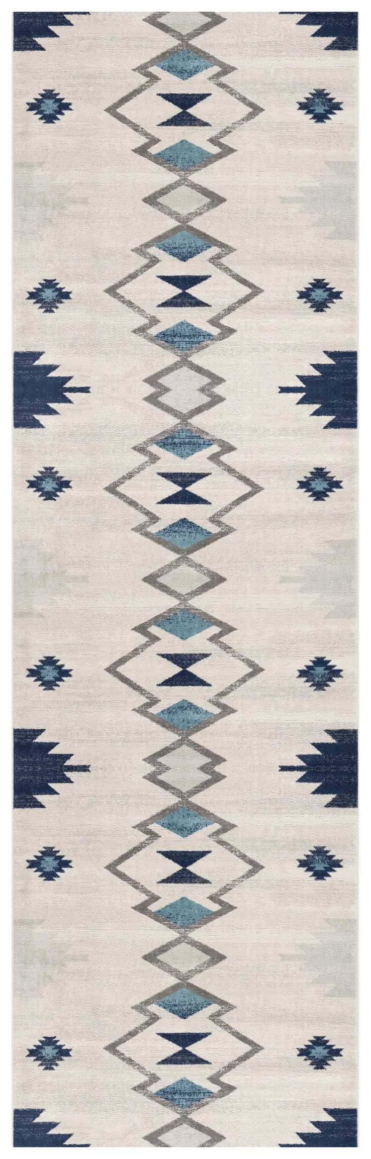 8' Blue And Ivory Southwestern Runner Rug