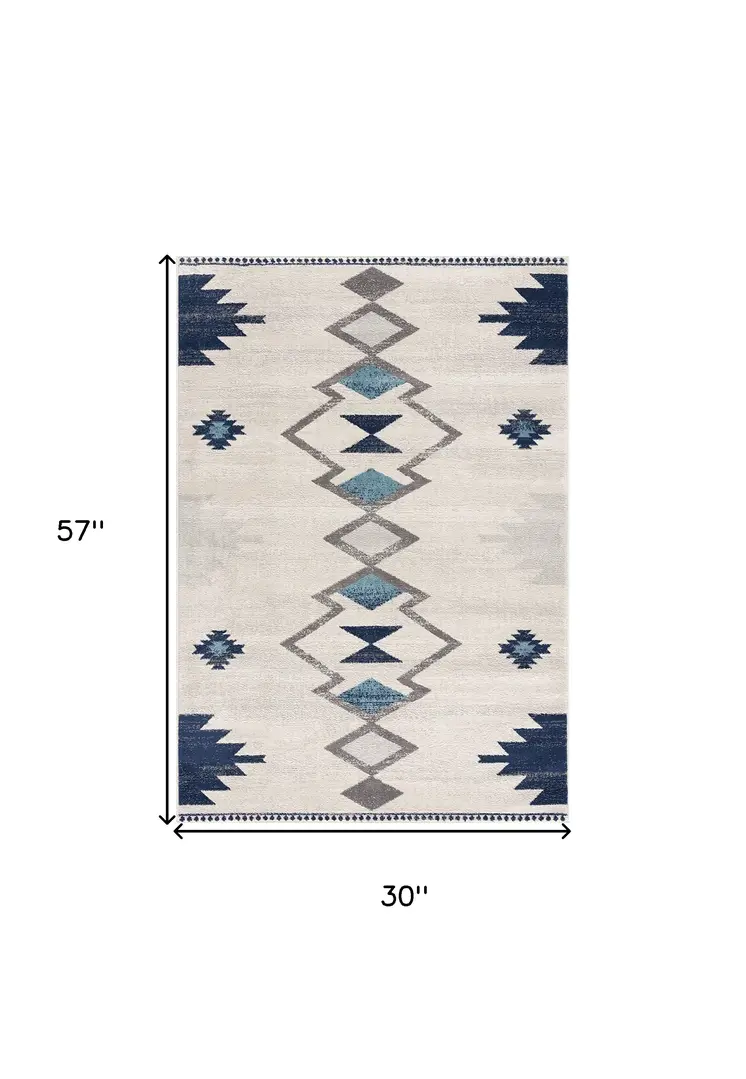 3' X 5' Blue and Ivory Southwestern Area Rug