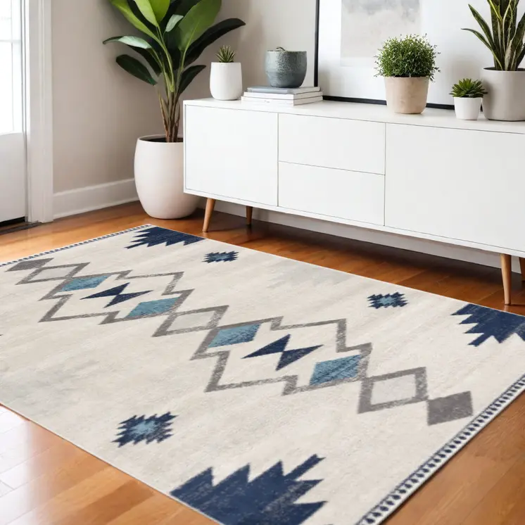 4' X 6' Blue and Ivory Southwestern Area Rug