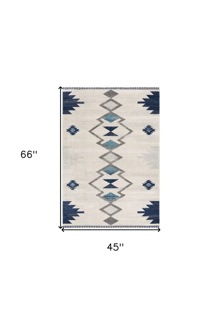 4' X 6' Blue and Ivory Southwestern Area Rug