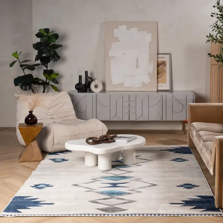 5' X 7' Blue and Ivory Southwestern Area Rug