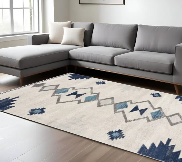 9' X 13' Navy and Ivory Tribal Pattern Area Rug
