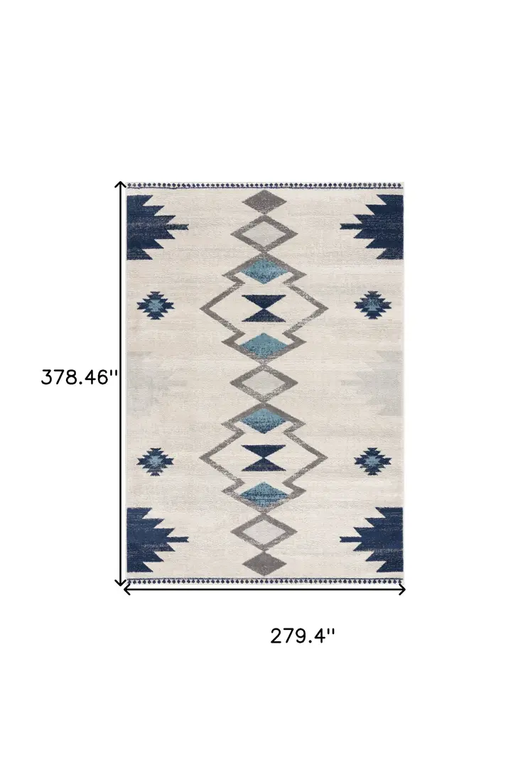 9' X 13' Navy and Ivory Tribal Pattern Area Rug