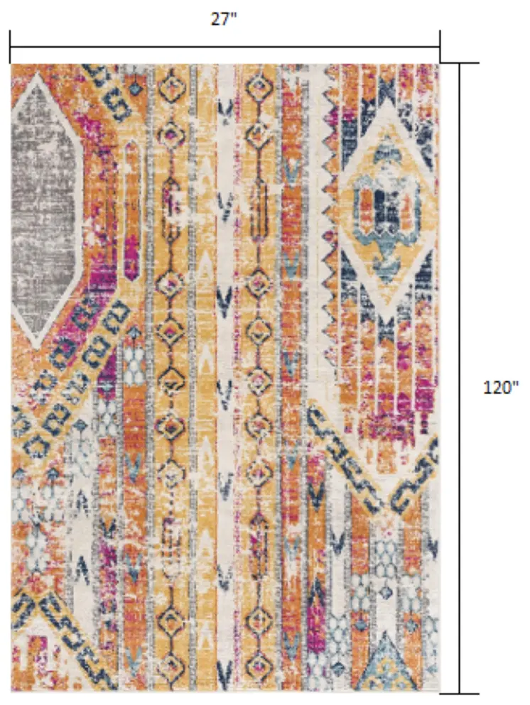 10' Gold And Ivory Southwestern Runner Rug