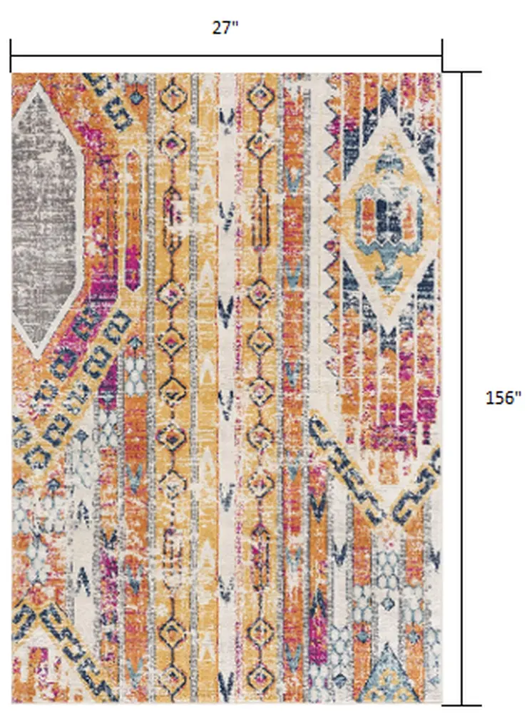 13' Gold And Ivory Southwestern Runner Rug