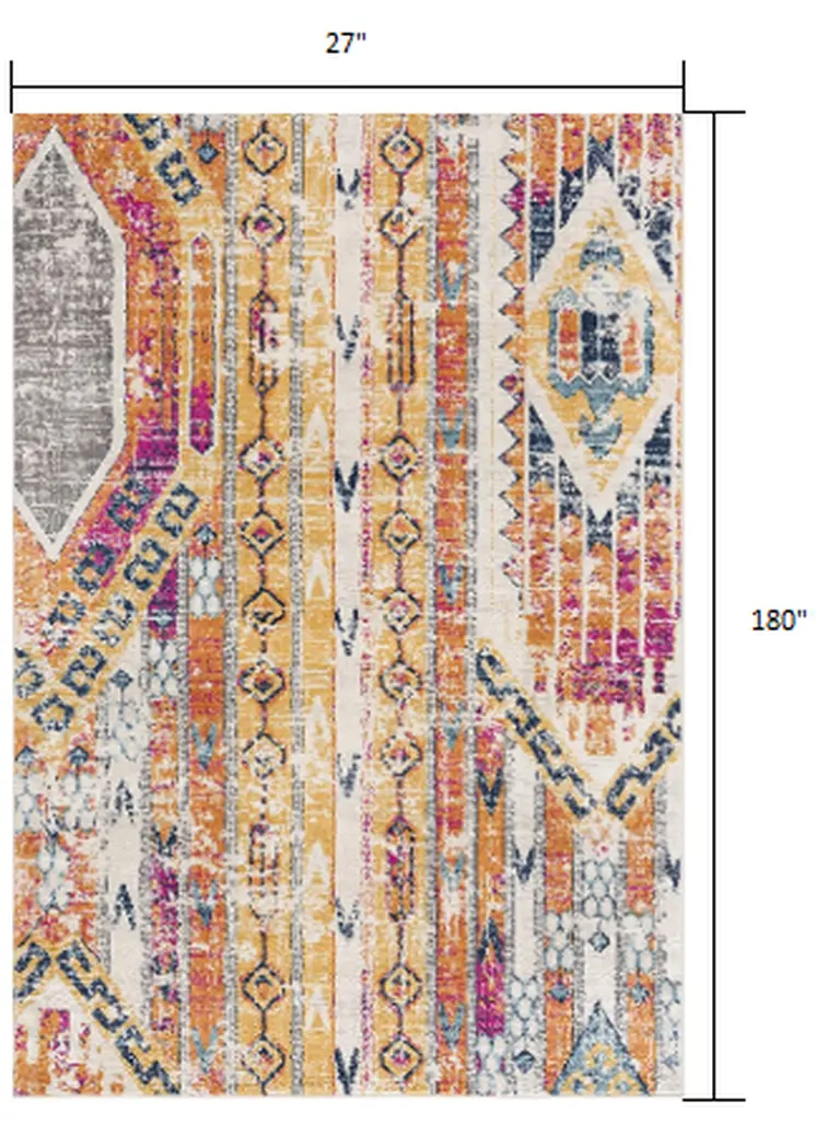 15' Gold And Ivory Southwestern Runner Rug