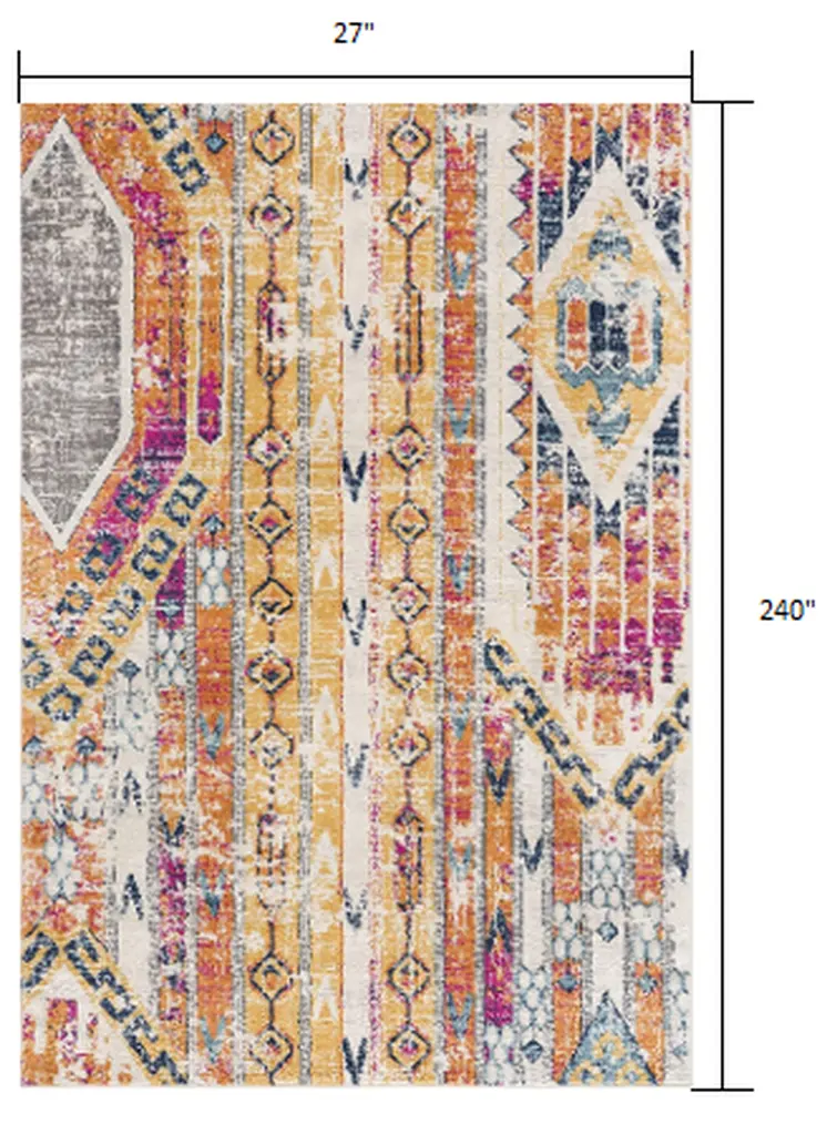20' Gold And Ivory Southwestern Runner Rug