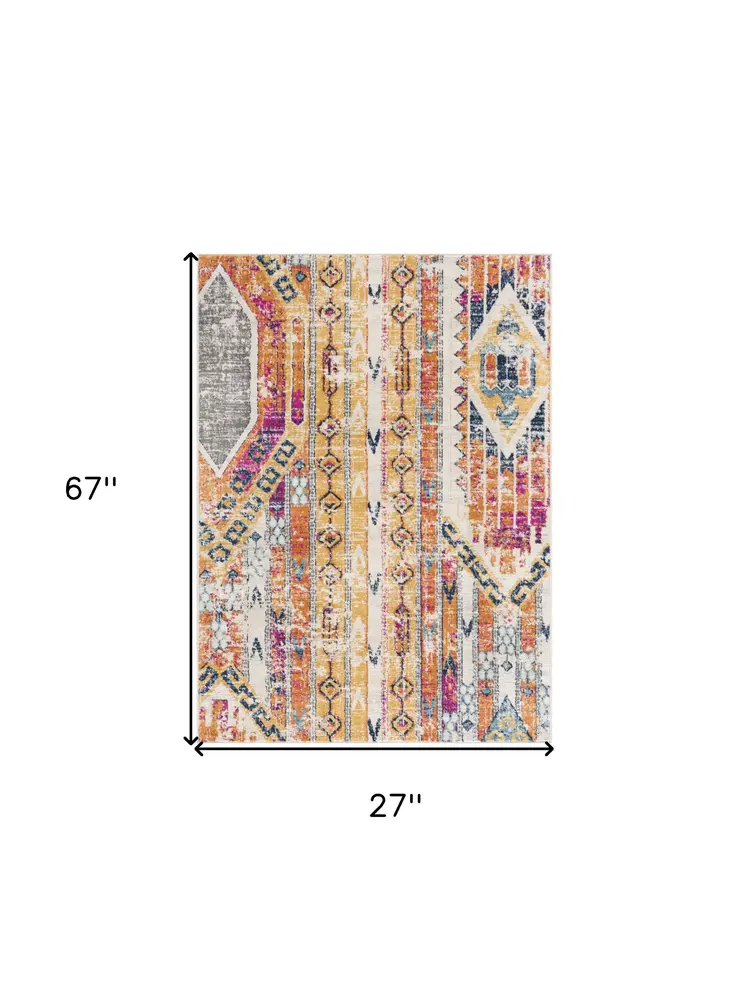 2' X 6' Gold And Ivory Southwestern Area Rug