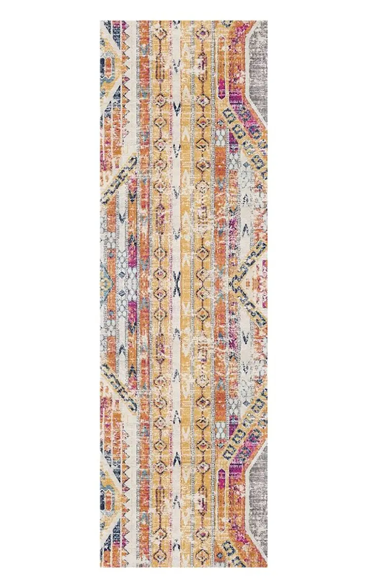 8' Gold And Ivory Southwestern Runner Rug