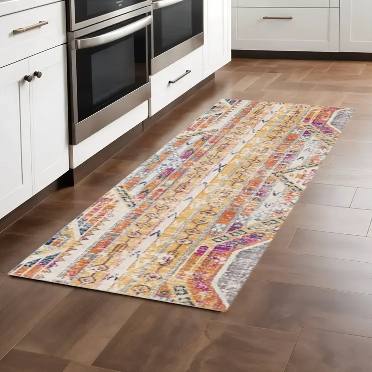 8' Gold And Ivory Southwestern Runner Rug