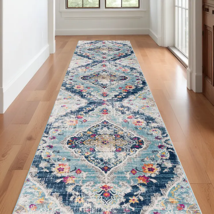 20' Blue And Ivory Medallion Runner Rug