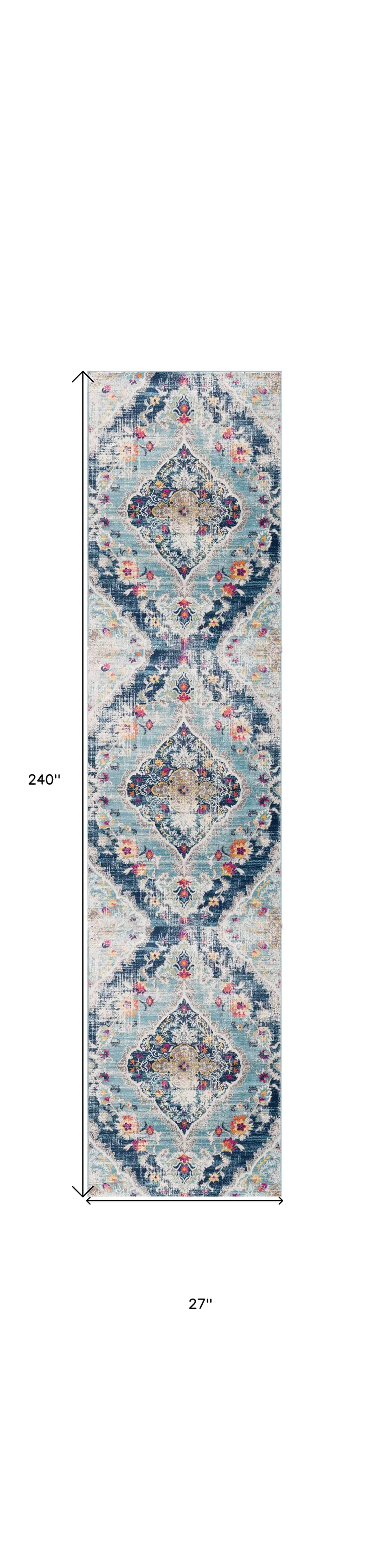 20' Blue And Ivory Medallion Runner Rug