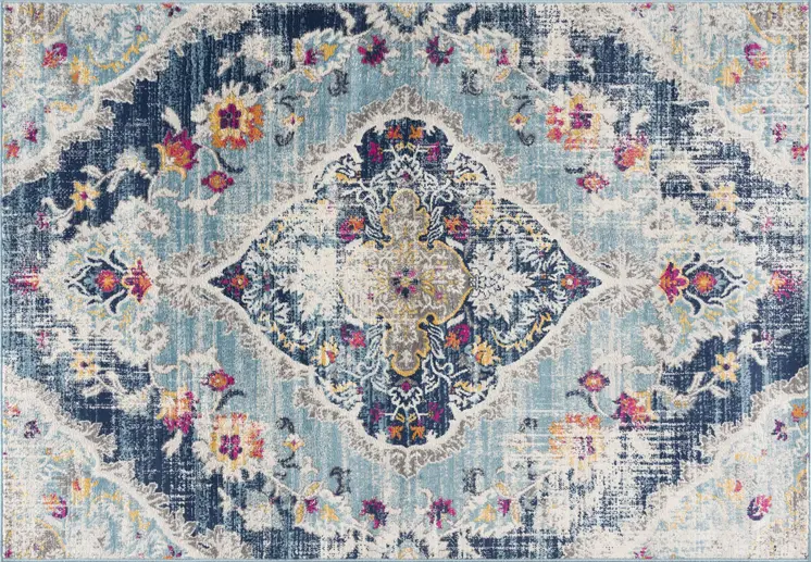 5' X 7' Blue and Ivory Medallion Area Rug