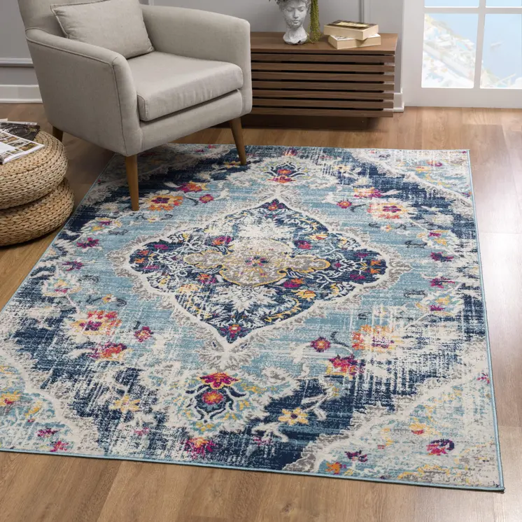 8' X 10' Blue and Ivory Medallion Area Rug