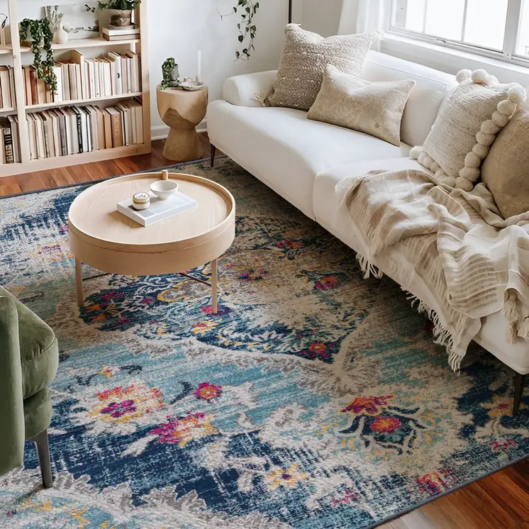 9' X 13' Blue Distressed Medallion Area Rug