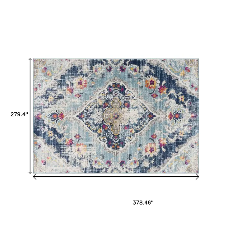9' X 13' Blue Distressed Medallion Area Rug