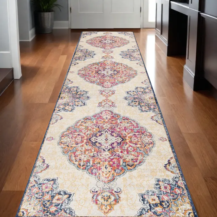 10' Blue And Beige Medallion Runner Rug