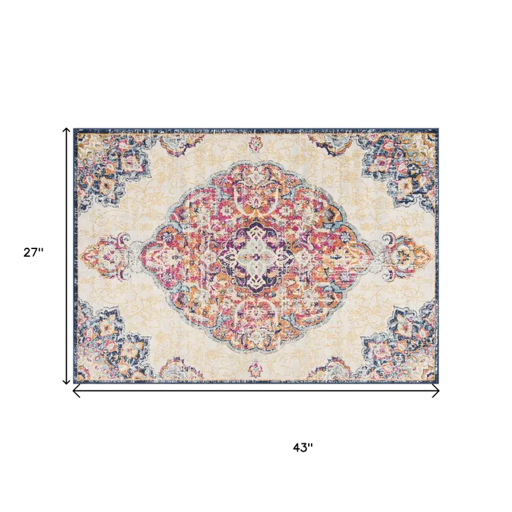 2' X 4' Blue and Beige Medallion Area Rug