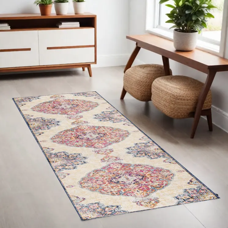 8' Blue And Beige Medallion Runner Rug