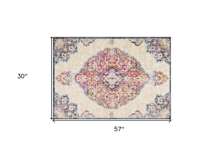 3' X 5' Blue and Beige Medallion Area Rug
