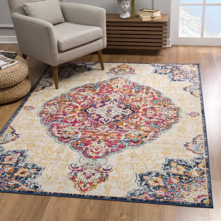 5' X 7' Blue and Beige Medallion Area Rug