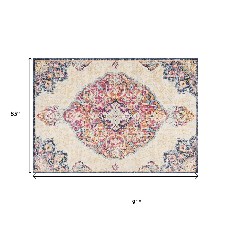5' X 7' Blue and Beige Medallion Area Rug