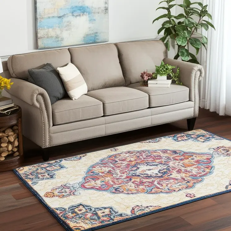 5' X 7' Blue and Beige Medallion Area Rug