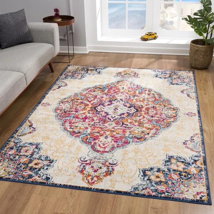 6' X 9' Blue and Beige Medallion Area Rug