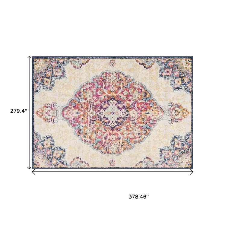 9' X 13' Cream Decorative Medallion Area Rug