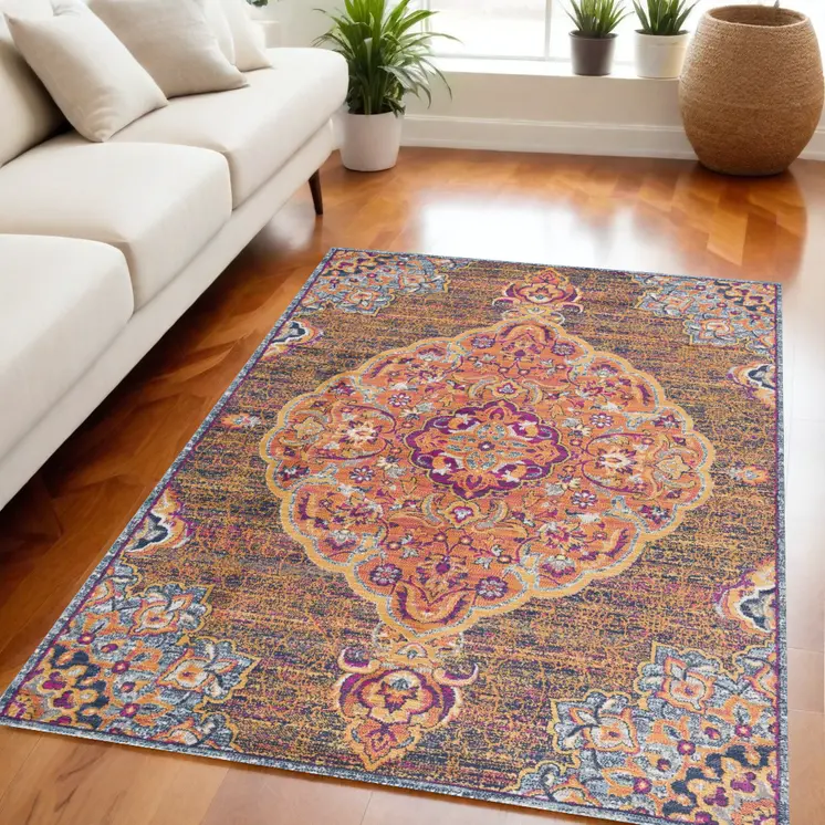 5' X 8' Rustic Orange Medallion Area Rug