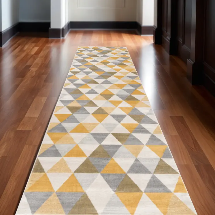 20' Yellow And Ivory Geometric Runner Rug