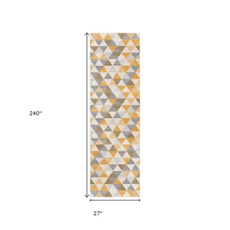 20' Yellow And Ivory Geometric Runner Rug