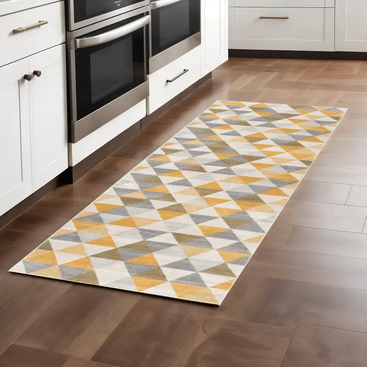 8' Yellow And Ivory Geometric Runner Rug