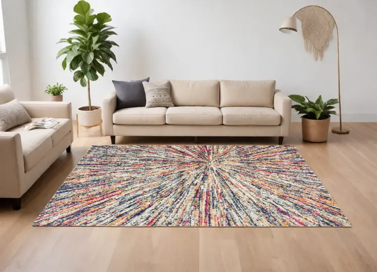 8' X 11' Cream Celestial Burst Abstract Area Rug