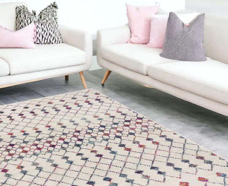 7' X 10' White Modern Geometric Grid Area Rug