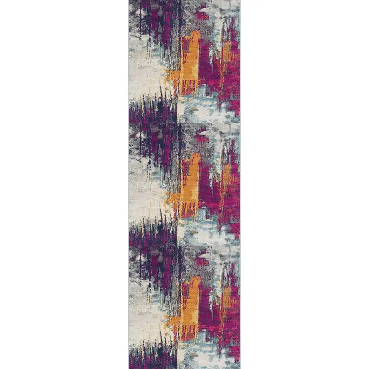 13' Gray Ivory And Magenta Abstract Runner Rug