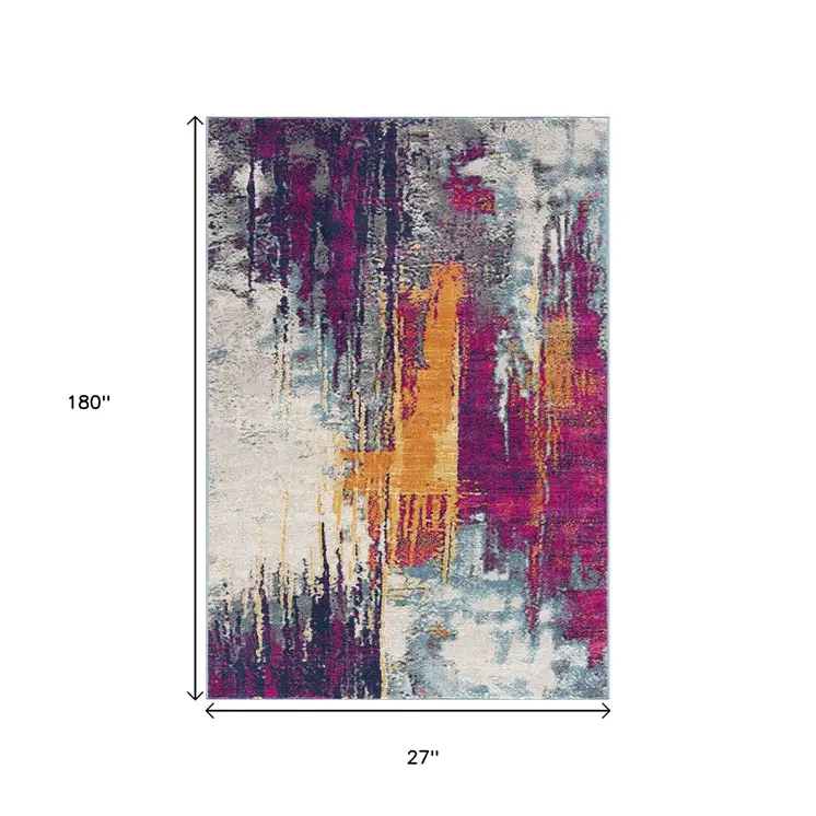 15' Gray Ivory And Magenta Abstract Runner Rug