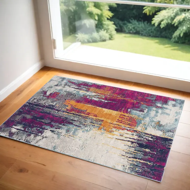 2' X 4' Gray Ivory And Magenta Abstract Area Rug