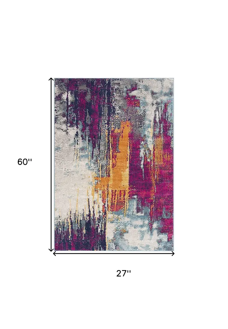 2' X 5' Gray Ivory And Magenta Abstract Area Rug