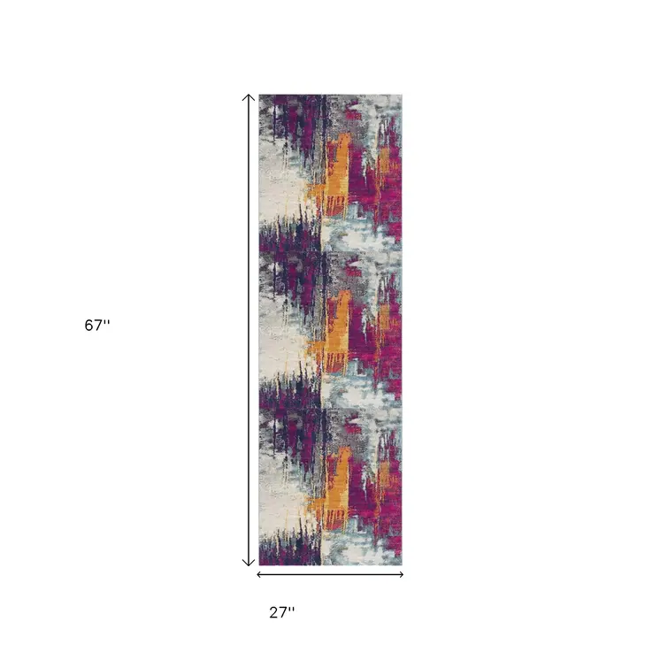 6' Gray Ivory And Magenta Abstract Runner Rug
