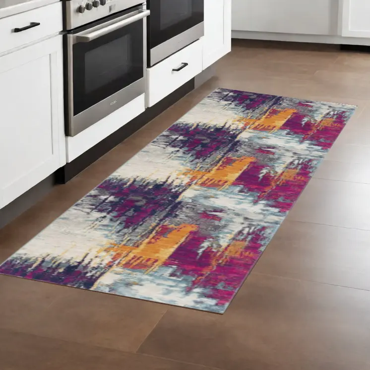 8' Gray Ivory And Magenta Abstract Runner Rug
