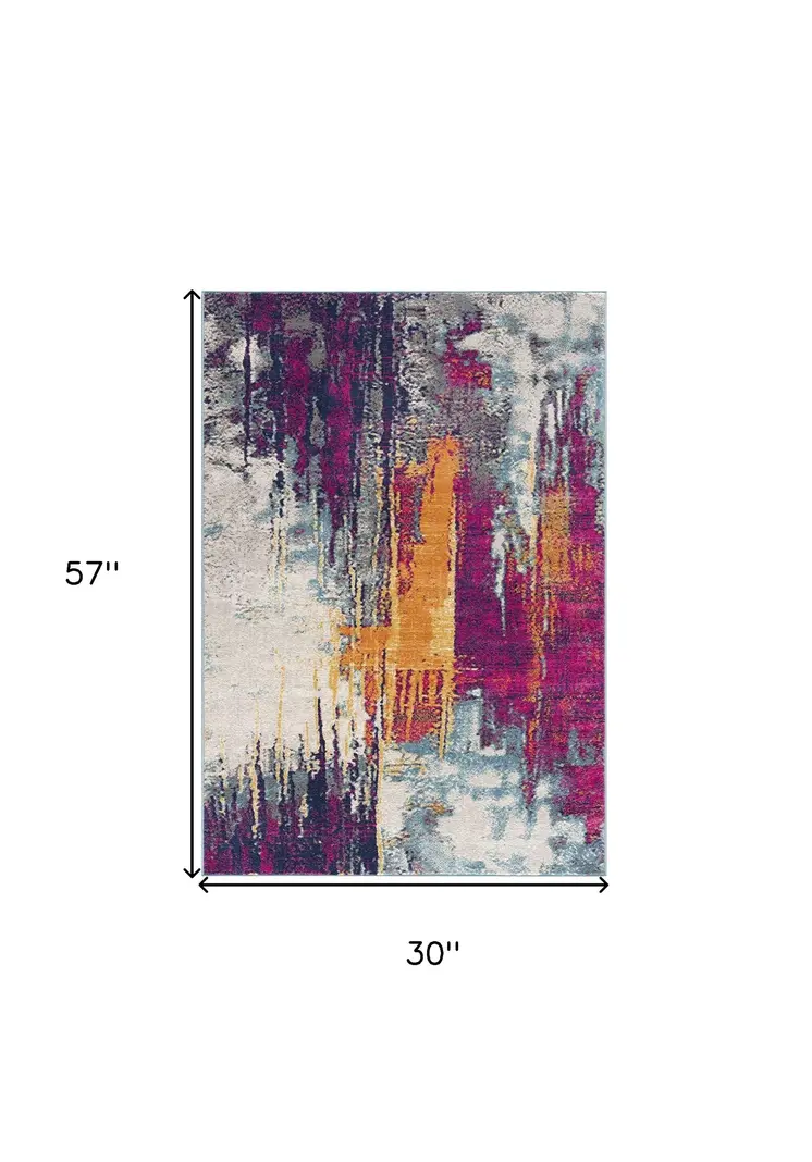 3' X 5' Gray Ivory And Magenta Abstract Area Rug