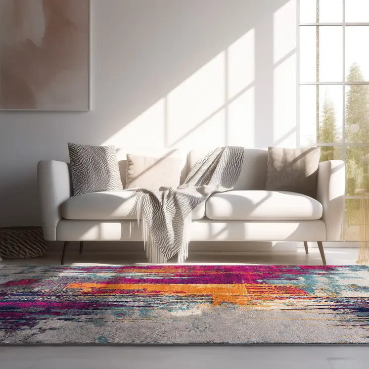 4' X 6' Gray Ivory And Magenta Abstract Area Rug
