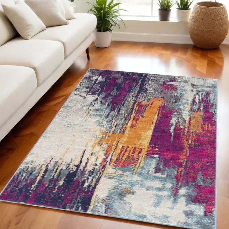 5' X 7' Gray Ivory And Magenta Abstract Area Rug