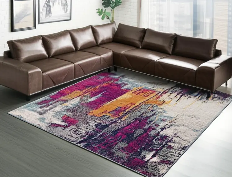 9' X 13' Gray and Magenta Abstract Area Rug