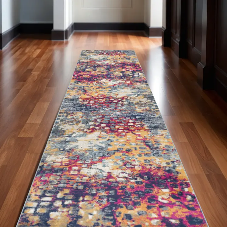 10' Magenta and Gold Abstract Runner Rug